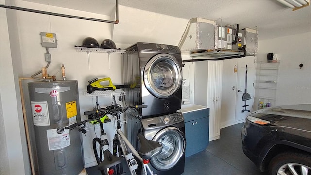 washroom featuring stacked washer and dryer and water heater