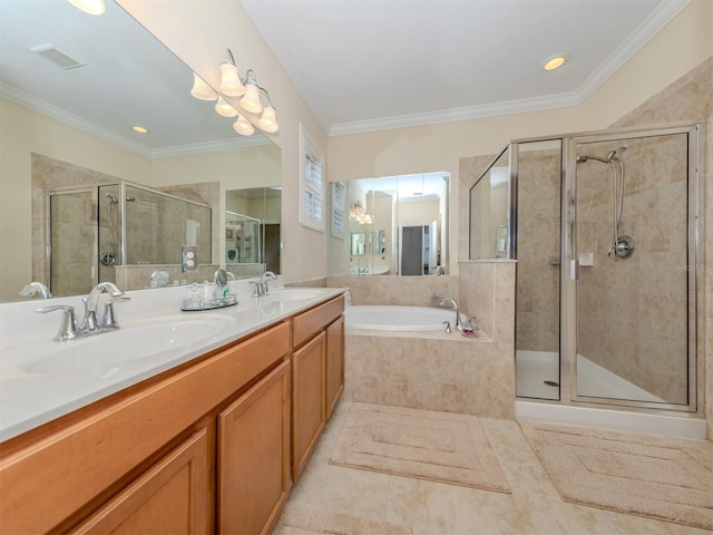 bathroom with tile patterned flooring, shower with separate bathtub, vanity, and ornamental molding