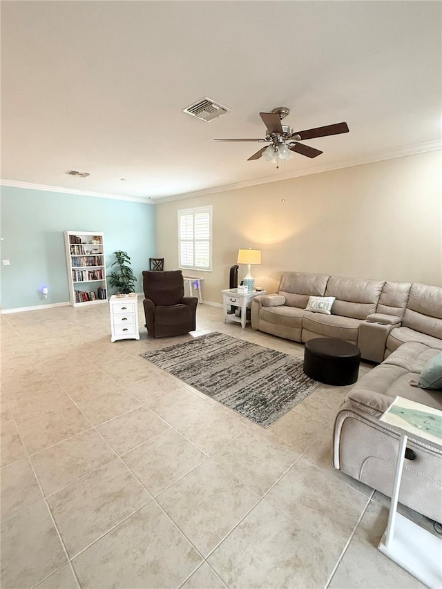 living room with light tile patterned floors, ceiling fan, and crown molding