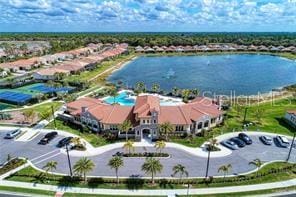 drone / aerial view with a water view