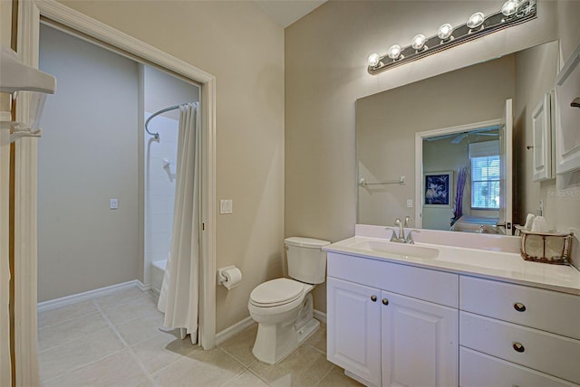 full bathroom featuring tile patterned flooring, shower / bath combo, vanity, and toilet