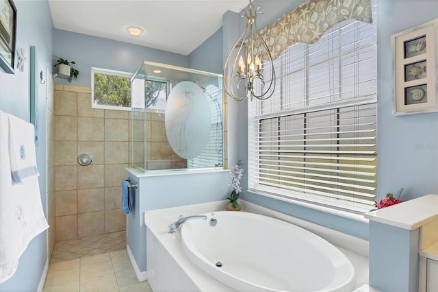 bathroom with separate shower and tub, tile patterned floors, and a notable chandelier