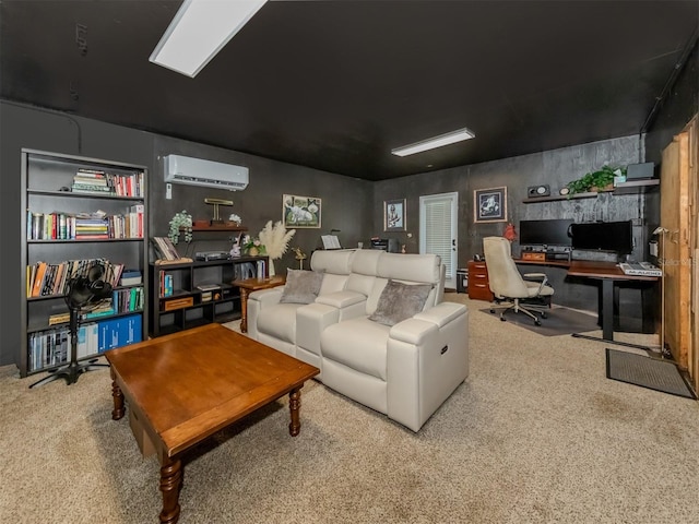 living room with a wall unit AC and carpet floors