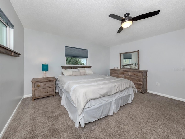 carpeted bedroom with ceiling fan, a textured ceiling, and multiple windows