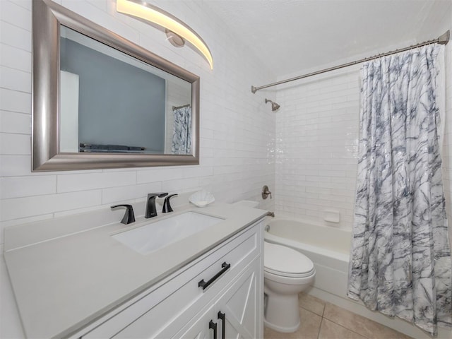 full bathroom with tile patterned flooring, shower / bathtub combination with curtain, decorative backsplash, vanity, and toilet