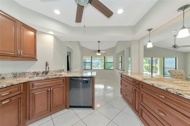 kitchen featuring light tile patterned floors, pendant lighting, ceiling fan, stainless steel dishwasher, and sink