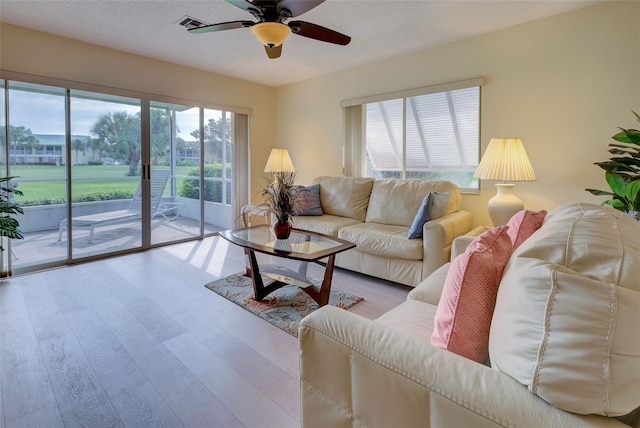 living room featuring ceiling fan, light hardwood / wood-style flooring, and a healthy amount of sunlight