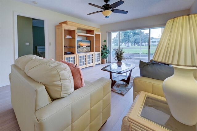 living room featuring light hardwood / wood-style flooring and ceiling fan