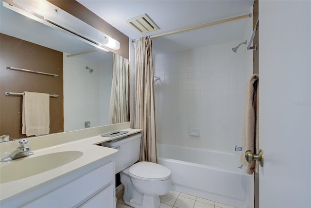 full bathroom with shower / bath combo, vanity, toilet, and tile patterned floors