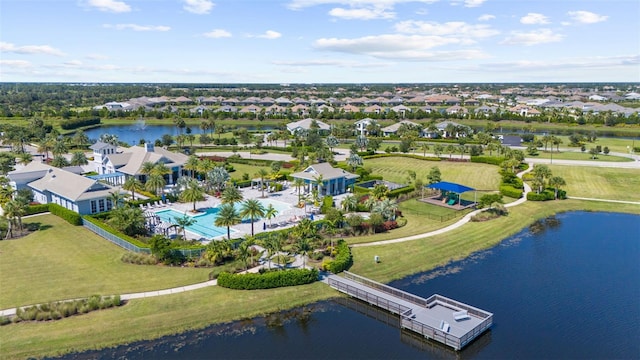 drone / aerial view with a water view