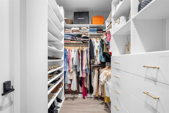 spacious closet with light hardwood / wood-style flooring