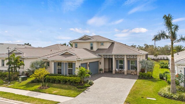 8209 Redonda Loop, Lakewood Ranch, FL 34202 - view of front of house featuring a tiled roof, a garage, stucco siding, and a front lawn