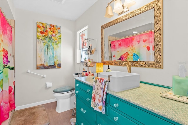 bathroom featuring vanity, wood-type flooring, and toilet