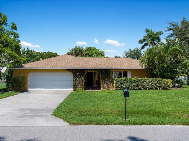 ranch-style home with a front yard and a garage