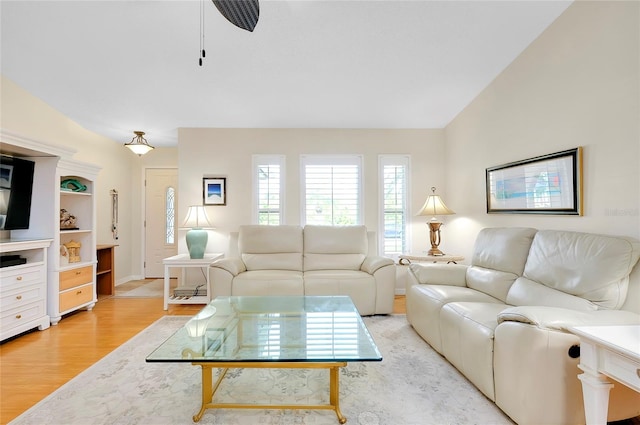 living room featuring vaulted ceiling and light hardwood / wood-style flooring