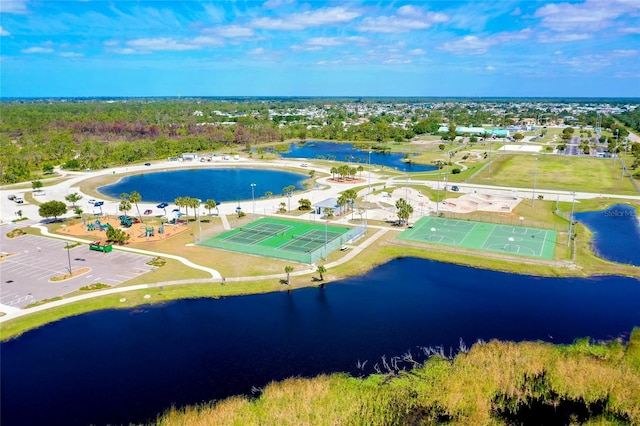 birds eye view of property featuring a water view