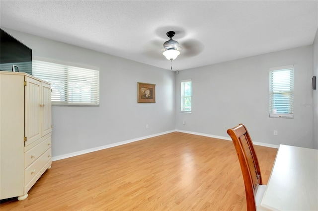 unfurnished dining area featuring ceiling fan, a textured ceiling, light wood-type flooring, and plenty of natural light