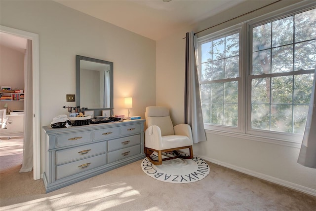 living area with light colored carpet