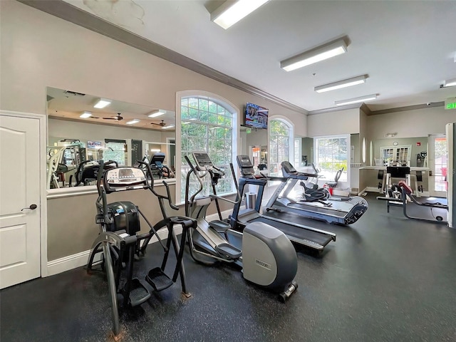 workout area featuring plenty of natural light and ornamental molding