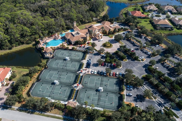 bird's eye view with a water view