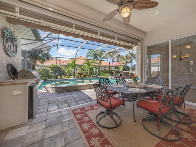 view of patio with a pool with hot tub, glass enclosure, ceiling fan, and grilling area