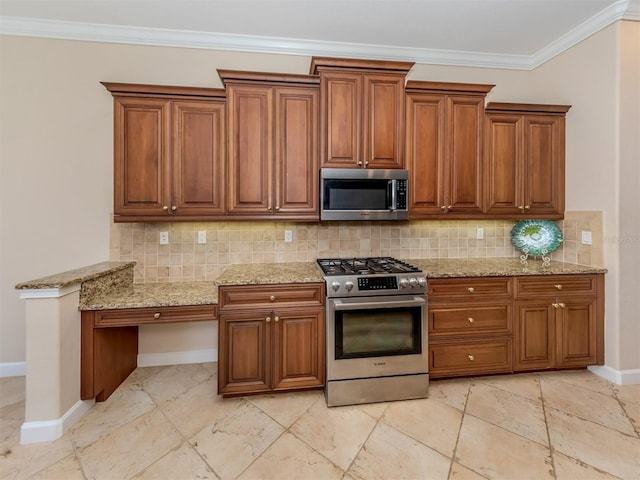 kitchen featuring decorative backsplash, stainless steel appliances, light stone counters, and crown molding