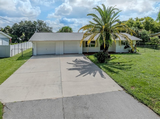 ranch-style home with a front lawn and a garage