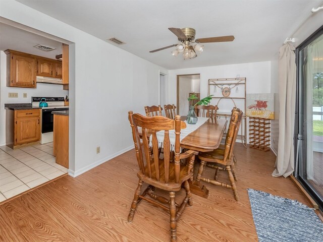 dining room with light hardwood / wood-style floors and ceiling fan