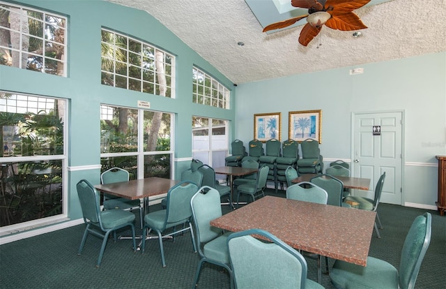 dining space with lofted ceiling, ceiling fan, carpet floors, and a textured ceiling