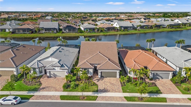 bird's eye view with a water view