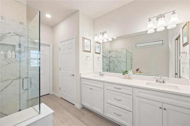 bathroom featuring vanity and a shower with shower door