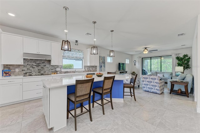 kitchen featuring a center island, ceiling fan, and a wealth of natural light