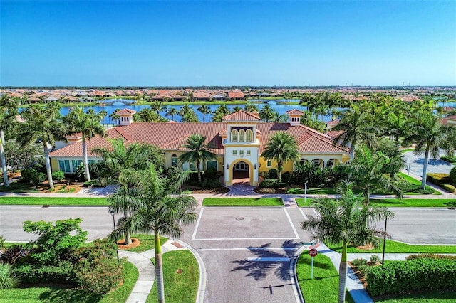 drone / aerial view featuring a water view