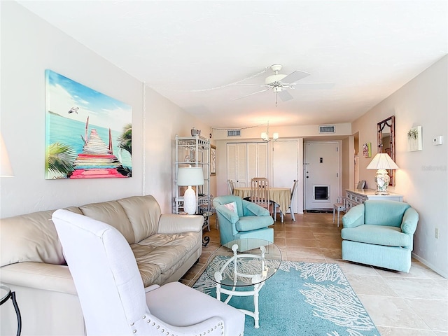 living room featuring ceiling fan