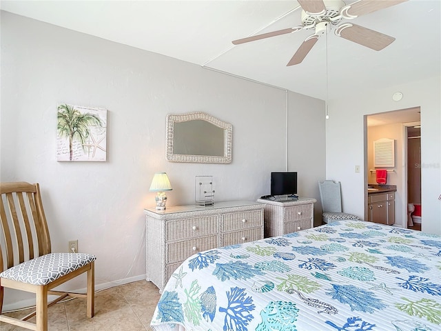 bedroom with ceiling fan and light tile patterned floors