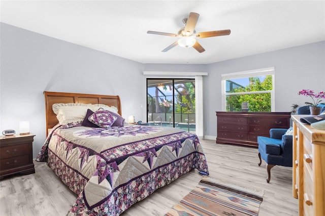 bedroom with light wood-type flooring, ceiling fan, and access to exterior