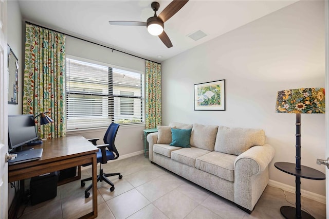 tiled office with ceiling fan