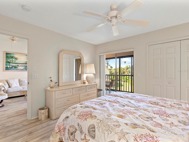 bedroom with light hardwood / wood-style flooring, a closet, ceiling fan, and access to exterior