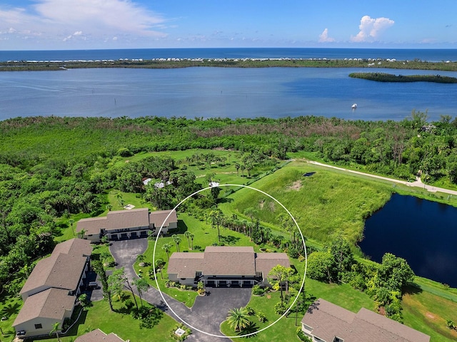 drone / aerial view with a water view