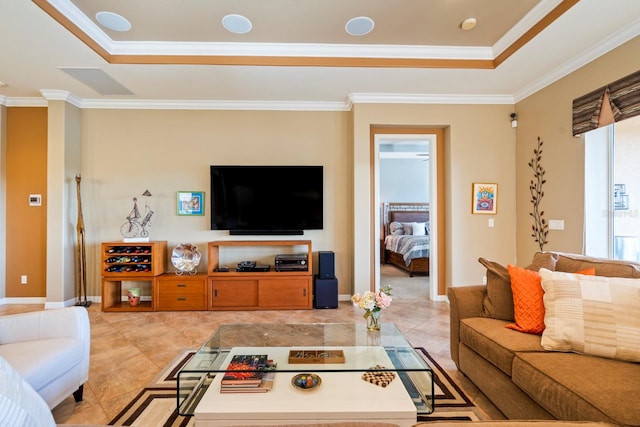 tiled living room with ornamental molding