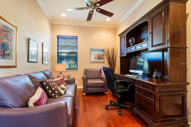 office space featuring recessed lighting, ornamental molding, dark wood-type flooring, baseboards, and ceiling fan
