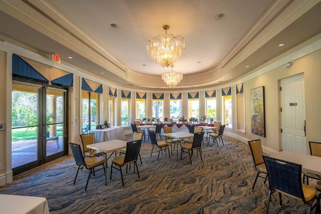dining area with recessed lighting, french doors, baseboards, a chandelier, and a raised ceiling