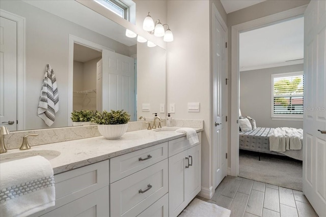 bathroom featuring ornamental molding, vanity, and wood-type flooring