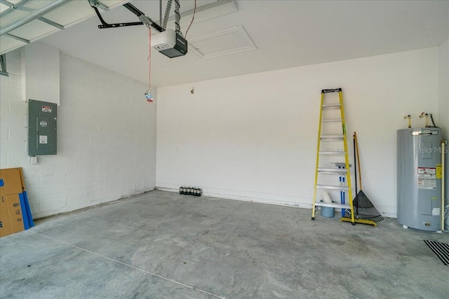 garage featuring electric water heater, electric panel, and a garage door opener