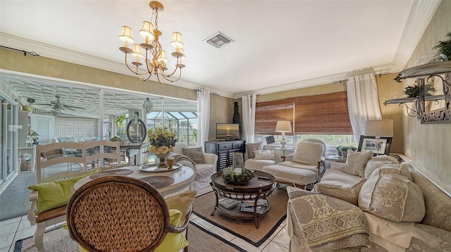 tiled living room featuring crown molding and a notable chandelier