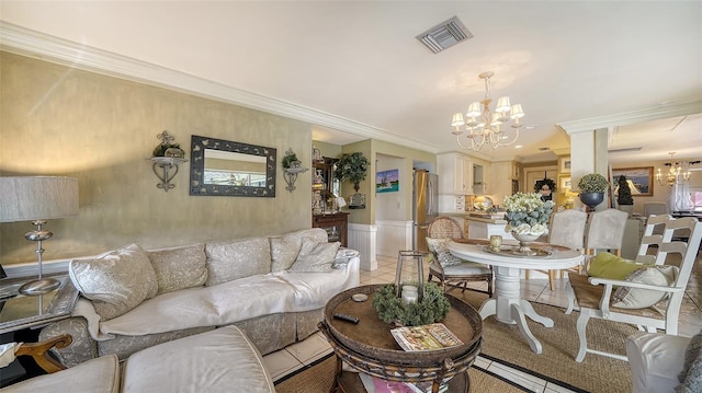 tiled living room with an inviting chandelier and crown molding