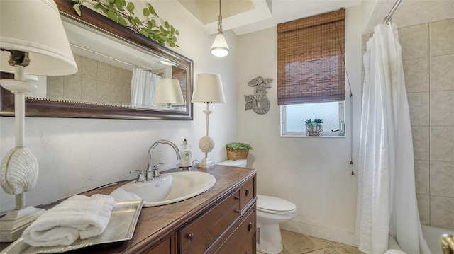 full bathroom featuring vanity, shower / tub combo with curtain, toilet, and tile patterned flooring