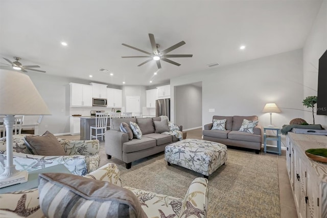 living room with ceiling fan