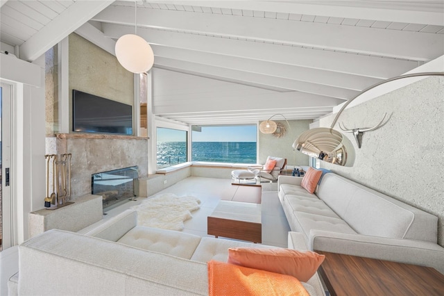 living room with hardwood / wood-style flooring, lofted ceiling with beams, wood ceiling, and a fireplace