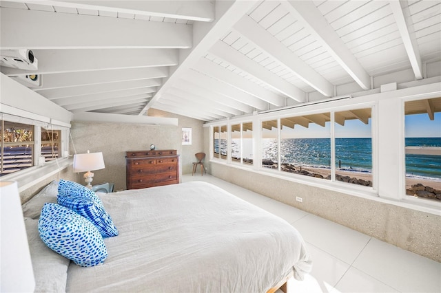 bedroom featuring multiple windows, tile patterned flooring, a water view, and lofted ceiling with beams